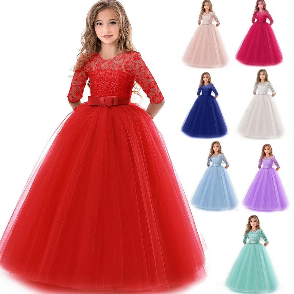 

Lace Half Sleeve Dress Girls First Communion Princess dress Tulle Bow Kids Dresses For Girls Long Dress Junior girl dress cloth