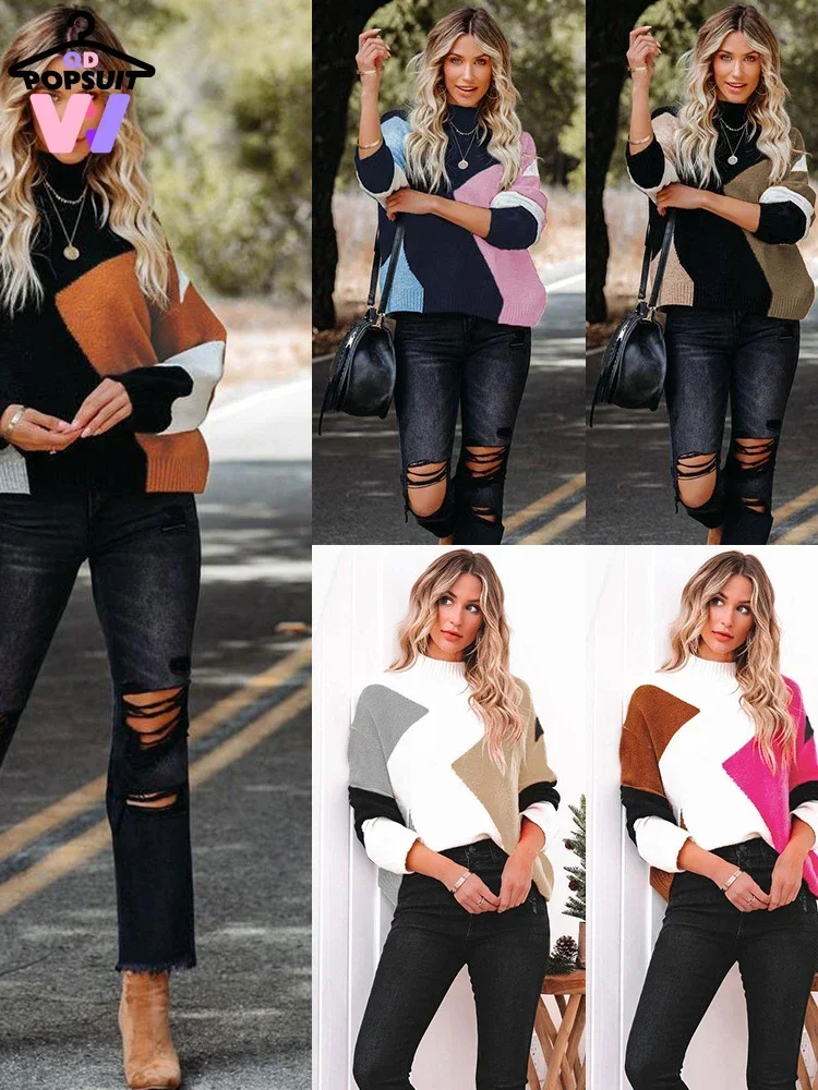 Женский свитер с геометрическим узором Свободный пуловер круглым вырезом и