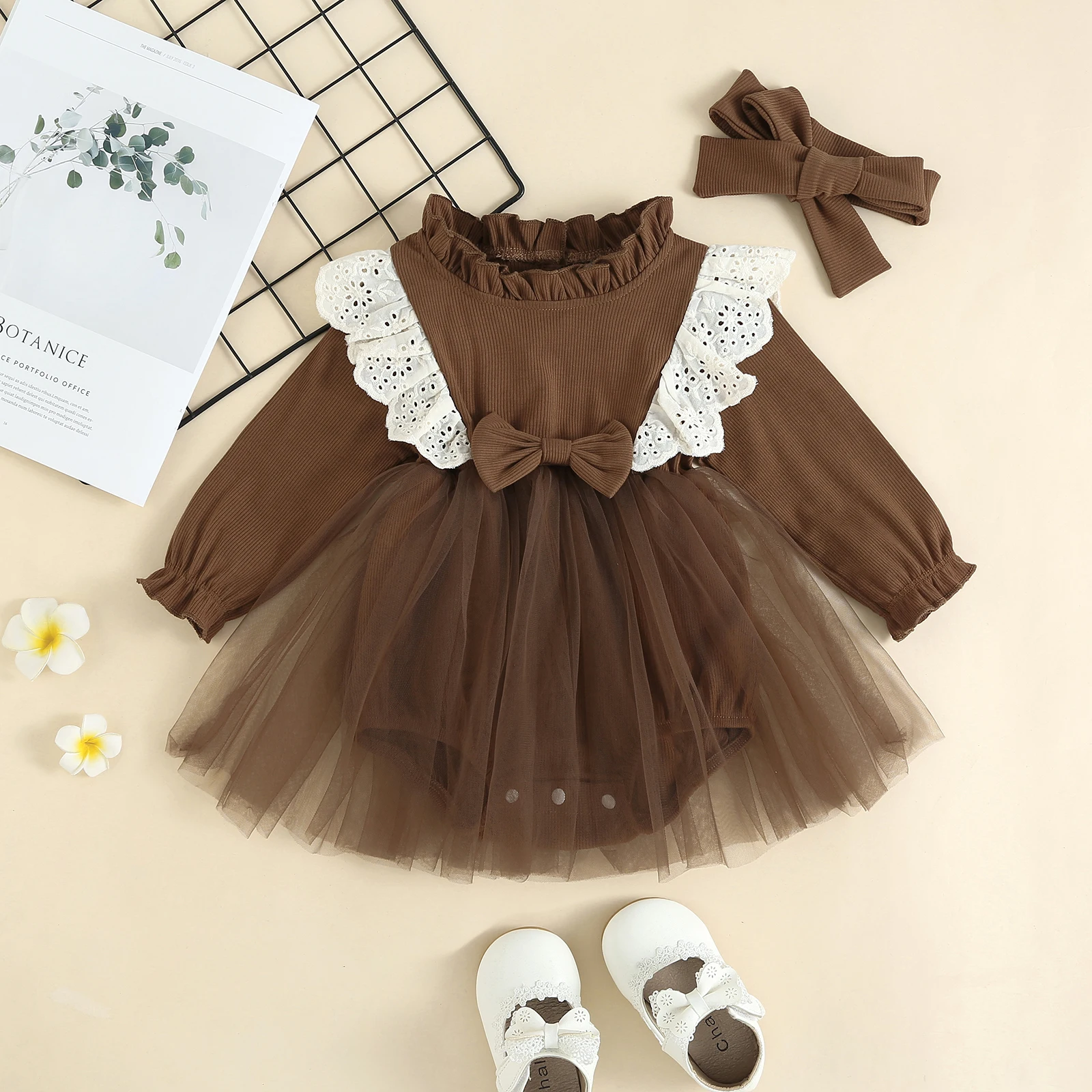 

Newborn Girl Dress Style Romper Outfits Long Sleeve Mesh Patchwork Ruffles Decor Bodysuit + Cute Headband Set 0-24 Months