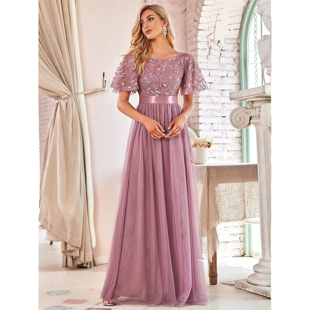 

Mesh Embroidered Elegant Long Evening Dress Ladies O Neck Short Sleeve Slim Cocktail Party Dress Summer Sequin Belt Prom Dresses
