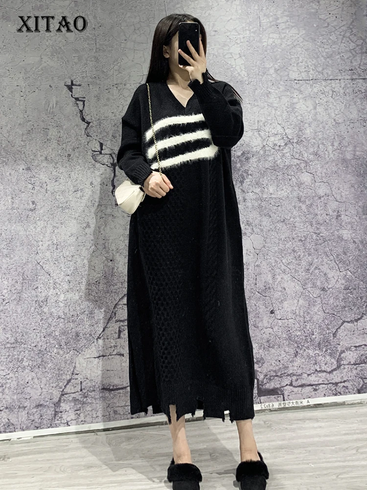 XITAO Striped Knitting Dresses Asymmetrical Side Split V-neck Show Thinness Fashionable Women 2022 New Simplicity FBB1182