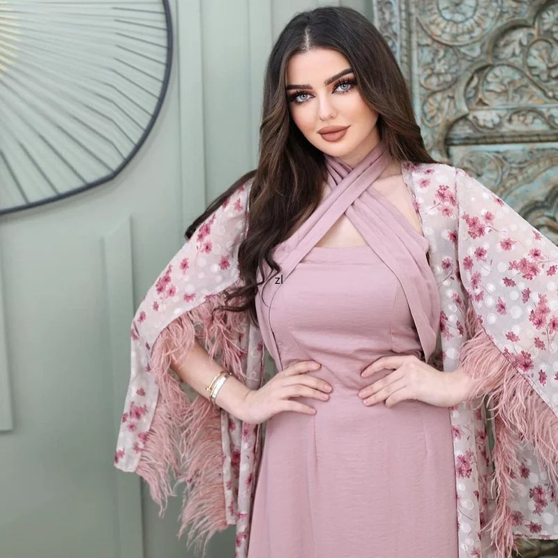 Abayas For Women Dubai 2022 Muslim Sets Luxury Feather Cardigan Inner Dress 2 PCS Suit Caftan Marocain Djellaba Femme Boubou