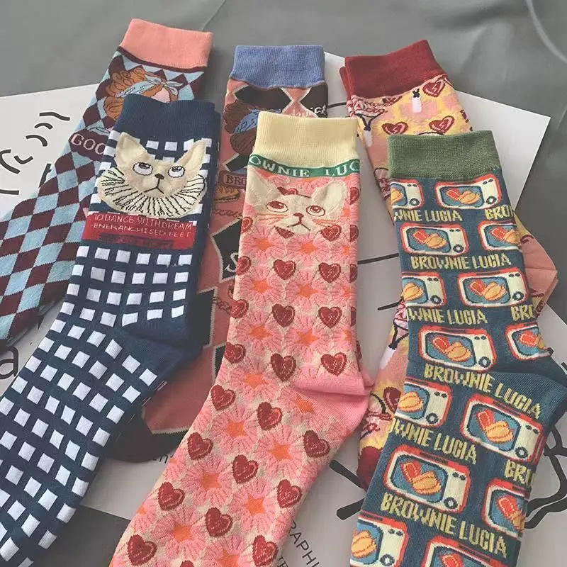 5 Pairs of Socks French Cats Men and Women Personality Tide Socks Retro College Style Medium-length Socks Novelties 2022 Trend