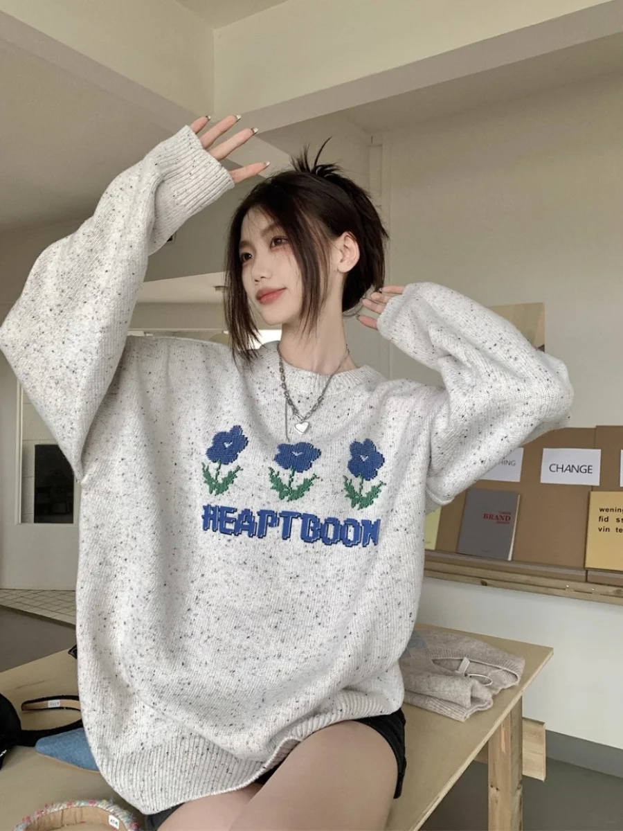 Женский мягкий клейкий свитер с цветочным узором Свободный пуловер в Корейском