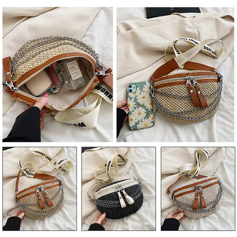 Fashion Women Weave Waist Bag Ladies Shoulder Crossbody Chest Bag Chain Handmade Straw Handbag and Party Purse Beach XM12