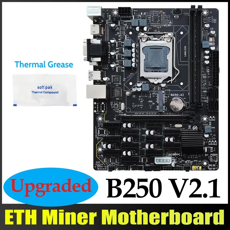 

B250 V2.1 BTC Mining Motherboard+Thermal Grease 12XPCIE LGA1151 DDR4 MSATA USB3.0 B250 ETH Mining Motherboard