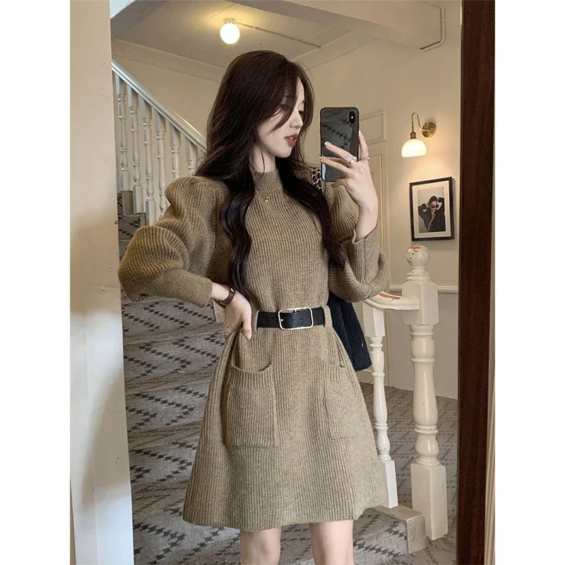 Винтажное вязаное мини-платье с поясом женская уличная одежда свободный свитер