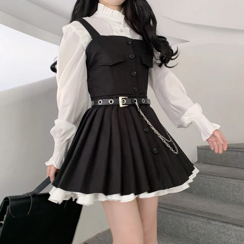 

4 pcs Women Set French Lady Suspender Dress Female Pleated Dark Black High Waist Thin Skirt Suit Kawaii Women Clothing
