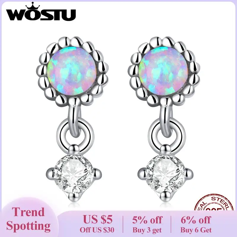 

WOSTU 925 Sterling Silver Round Opal Dangle Drop Earrings For Women Square Zircon Ear Studs Mother's Day Fine Jewelry Gift E1382