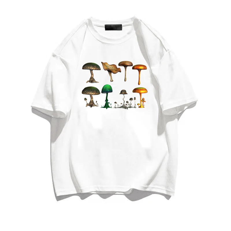 2023 Mushroom Print Cotton Short Sleeve Fashion Graphic T-shirt Summer Men Ladies Oversized Streetwear Tops Harajuku Tees
