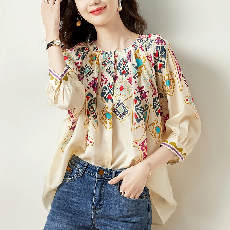 

2022 Summer Autumn Women's Shirts Blouses Elegant Three Quarter Sleeve Woman Print Shirt 100% Real Silk Vintage Blouse Loose Top