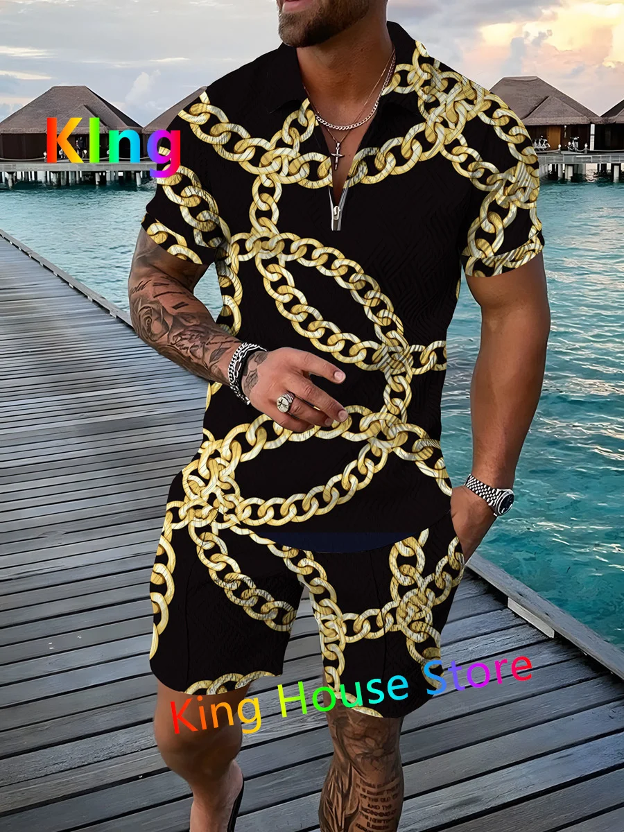 Men's Polo Shirt Clothing 2 Set Tracksuit Zipper Polo Shirt Oversized Trend Business Casual 3D Luxury Chain 2 Piece Outfit Set