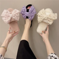 women winter bowknot lace house fuzzy slippers fur fashion warm shoes woman slip on flats female furry slides cozy home new 2022