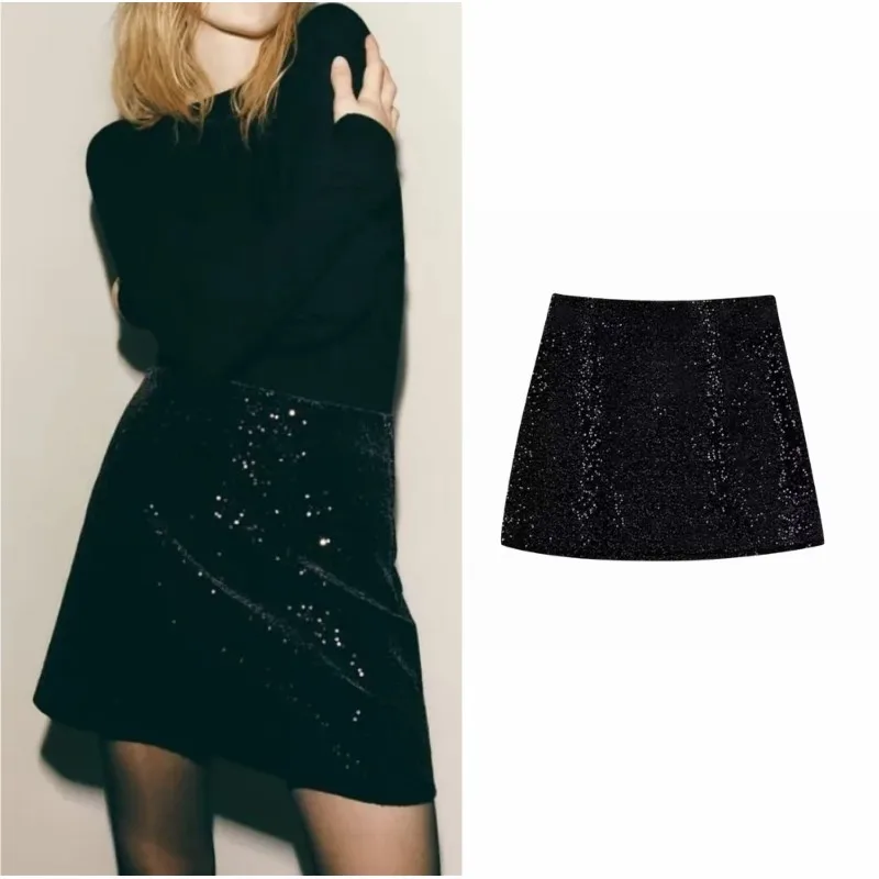 RDMQ Women Fashion 2023 Spring New Side Zip Sequin Velvet A-line Skirts Chic Female High Waist Short Skirt Mujer