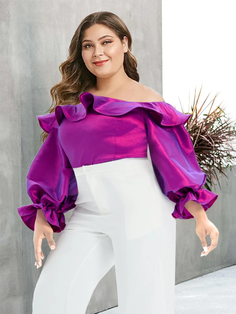 

Large Size Summer Blouse Women African Shiny Off Shoulder Ruffle Shirt Lantern Sleeve Sexy Party Club Purple Tops Birthday 2023