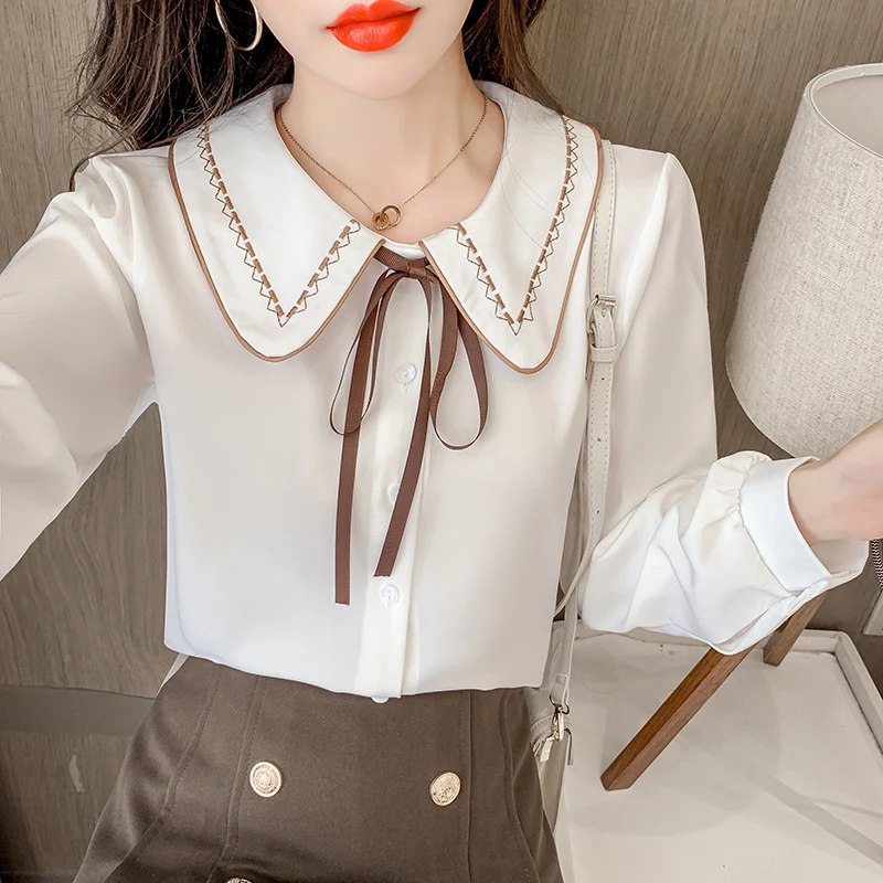 

Chiffon Loose Women's Shirts Casual Long Sleeve Blouses New Fashion Solid Color Bow Top Autumn Korean Style Female Clothing