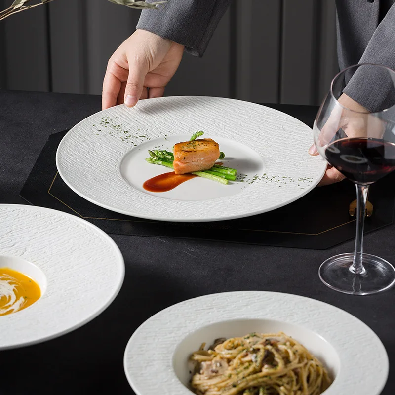 

European style matt creative stone pattern large 12 inch flat steak plate hotel restaurant western food straw hat plate