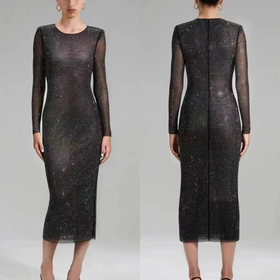 

New Arrival 2022 Hot Sale Top Quality Texture Black Hotfix Rhinestone Shining Bodycone Sexy Midi Dress Lady for Party