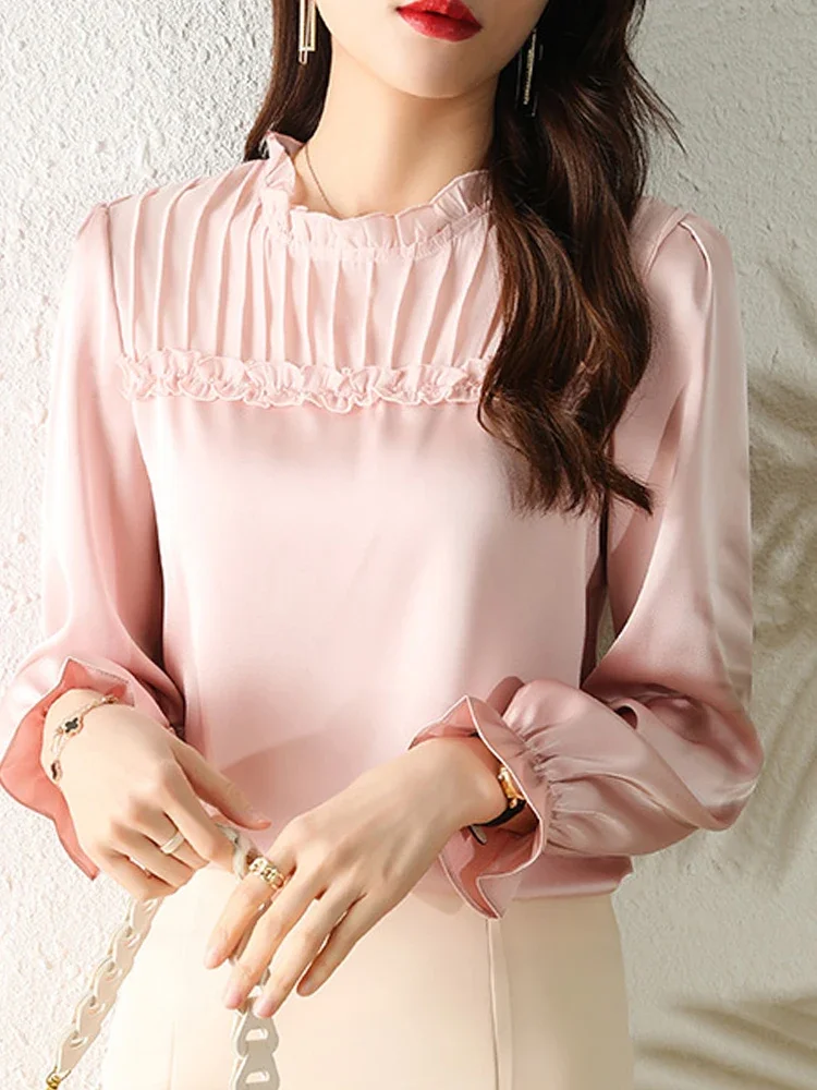 Женская шифоновая блузка с оборками розовая длинным рукавом весна 2024