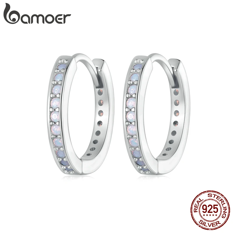 

Классические круглые серьги-кольца Bamoer из стерлингового серебра 925 пробы с розовым опалом пряжки для ушей для женщин и девочек, оригинальны...