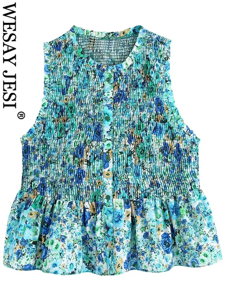 

WESAY JESI Elegant Print Floral Shirt Top Fashion Crew Neck Sleeveless Single Breasted Fungus Trim Stretch Ruffle Hem Blouse