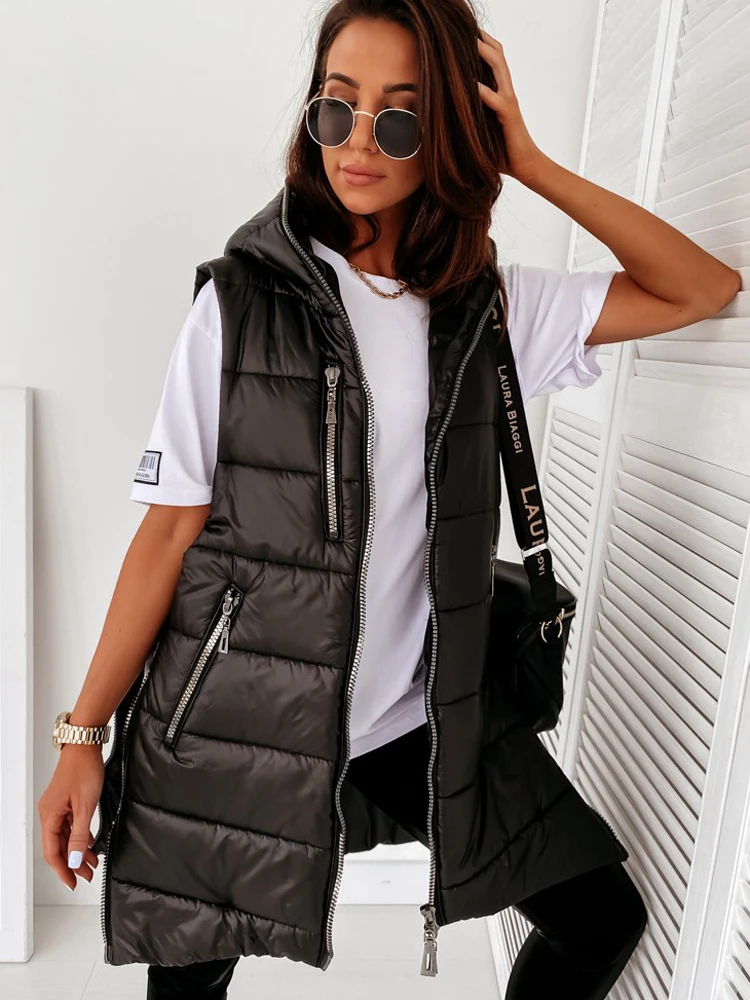 Sleeveless Puffer Jacket Women Hooded Cotton Padded Waistcoat Casual Streetwear Zipper Pocket Jacket Oversize Long Coat Parkas