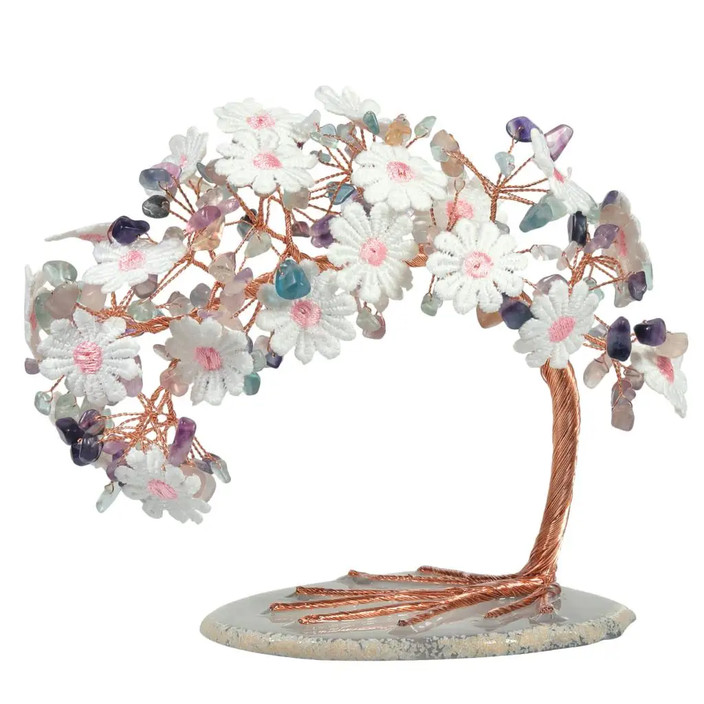 Natural Amethyst Crystal Stone Tree Embroidered Lace Flower Luck Money Tree With Agate Slice Base Desktop Decor Home Ornaments