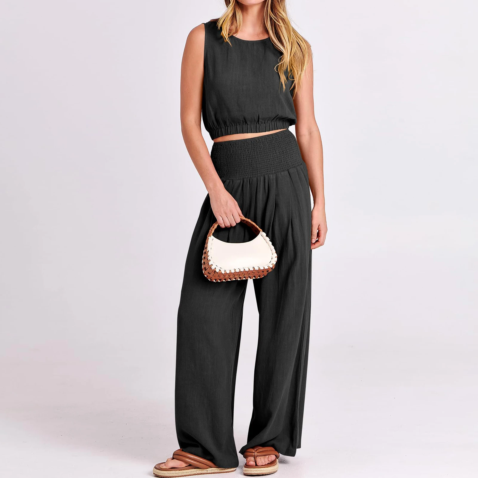 

Women Casual 2 Piece Outfit Wide Leg Ladies Crew Neck Top Smocked Pants High Waisted Boho Style Loose Fit Vacation Outfit