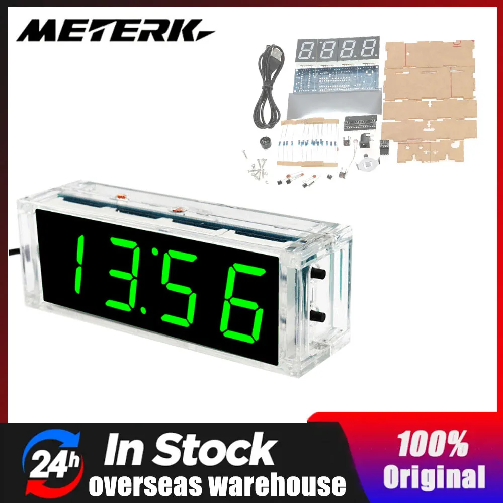 

Compact 4-digit DIY Digital LED Clock Kit Light Control Temperature Date Time Display with Transparent Case