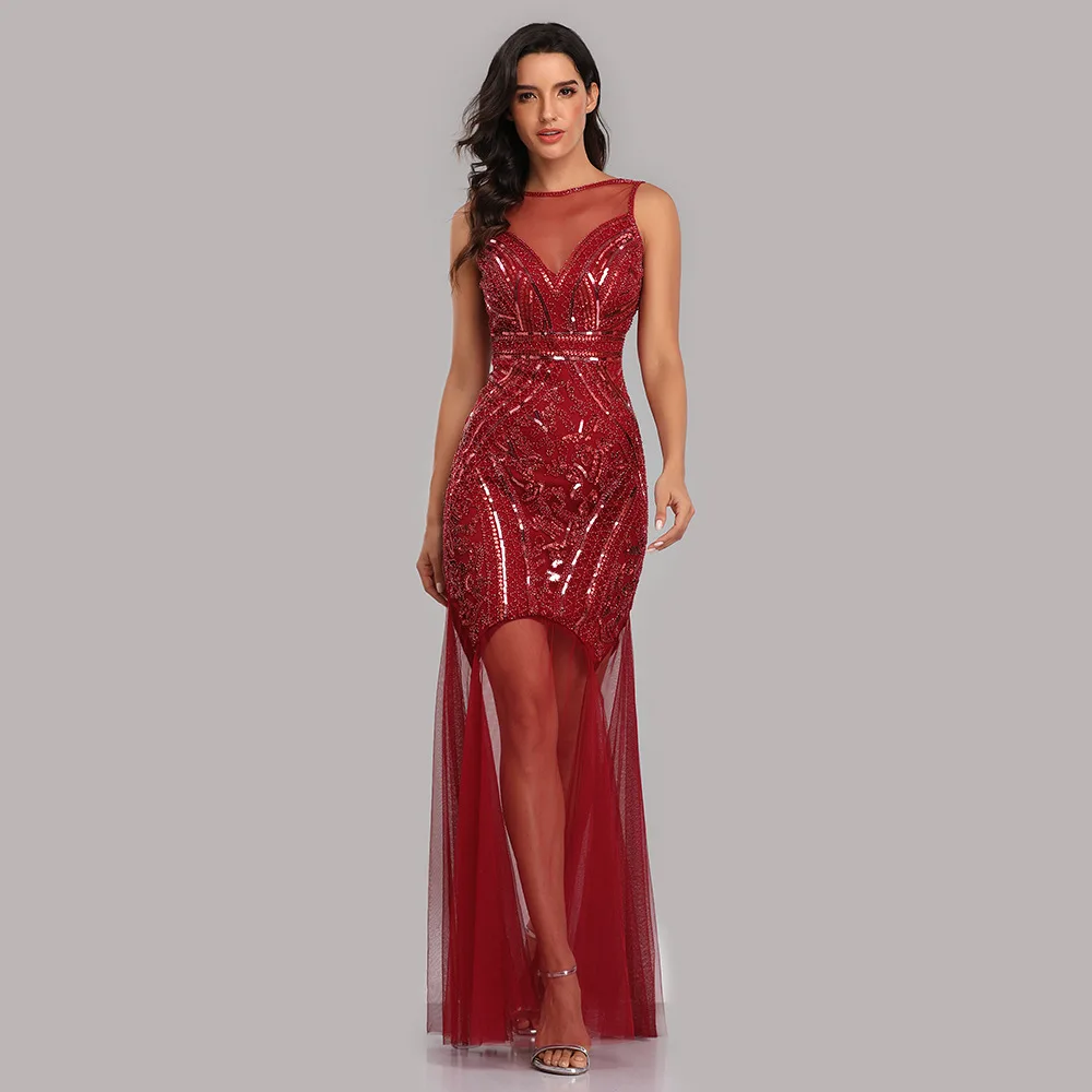 2022 spring and summer mesh beaded perspective sexy evening dress wine red round neck sleeveless long ball dress