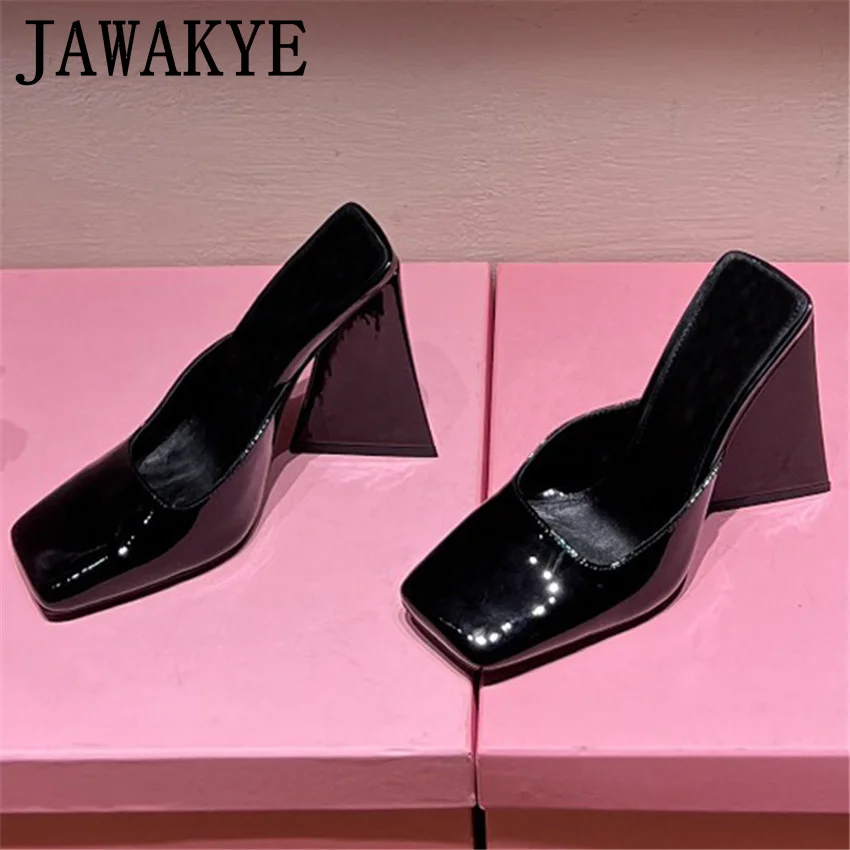

Patent Leather Slip On Mules Ladies Shoes Square Toe Chunky Heels For Women Shoes Satin New Designer Shoes Female Women Slippers
