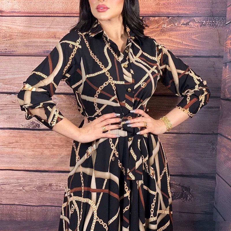 Muslim Fashion Shirt Dress Moroccan Kaftan Dubai Abaya Chain Print Long Sleeve Lapel Single-breasted Elegant Dresses for Women