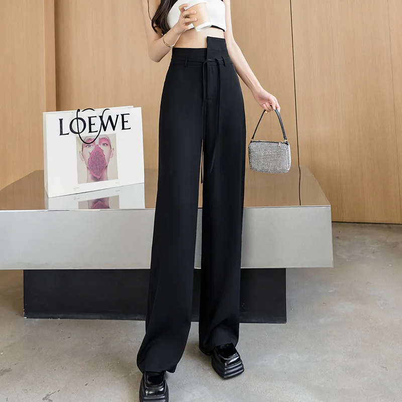 

Irregular High Waist Suit Wide-Leg Pants for Women 2022 New Summer Black Baggy Straight Trousers Draped Mop Trousers