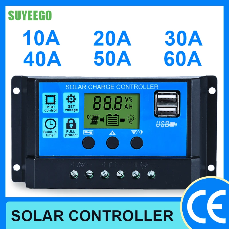 

SUYEEGO 30A/20A/10A Solar Charge Controller PWM Controllers 12V 24V Auto LCD Dual USB 5V Output Solar Panel PV voltage Regulator