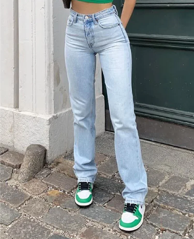 

Pantalones vaqueros clásicos de pierna recta para mujer, Vaqueros holgados de cintura alta para mujer, moda informal de algodón