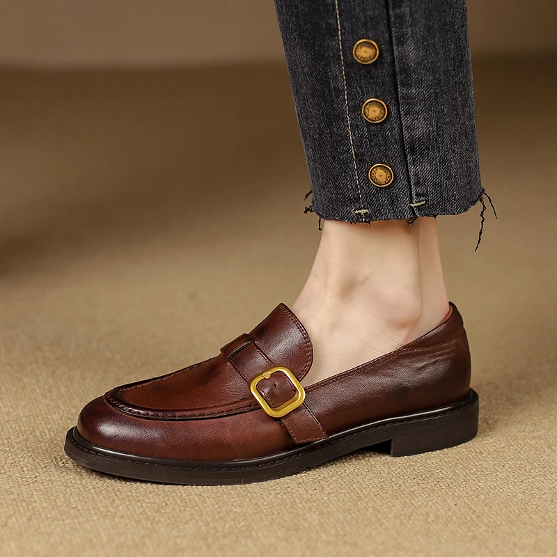 

2023 Spring autumn women pumps natural leather 22-25cm washed cowhide+pigskin full leather loafers Retro brush color women shoes