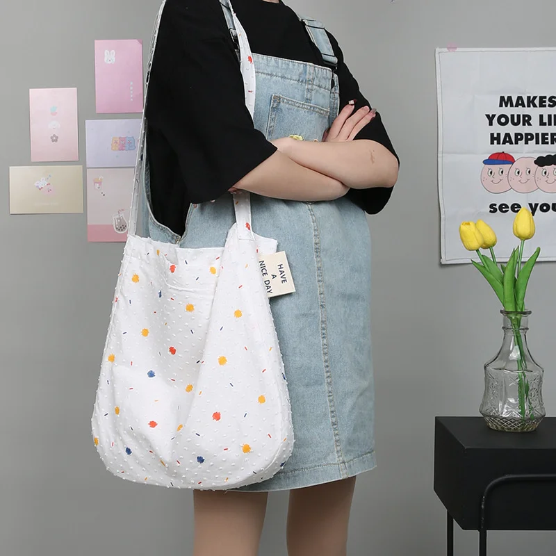 

Women Canvas Bag Colorful Print Polka Dots Shoulder Bags Large Capacity Plush Dot Cloth Messenger Shoulder Bag For College Girls