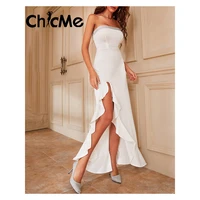 chicme women glitter trim bodice ruffle hem high slit maxi evening dress sleeveless wrap sexy elegant birthday party dress