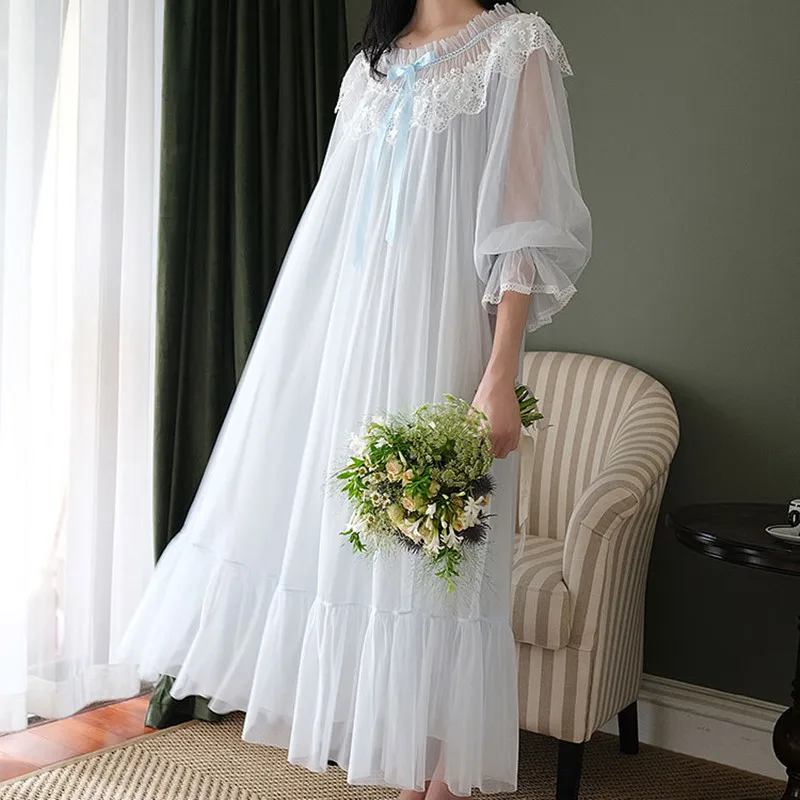 Princess Vintage Wedding Gown Sweet Lace Round Neck Long Nightgown Women Loose Full Sleeves Mid-Calf Pure Cotton Lining Nightie