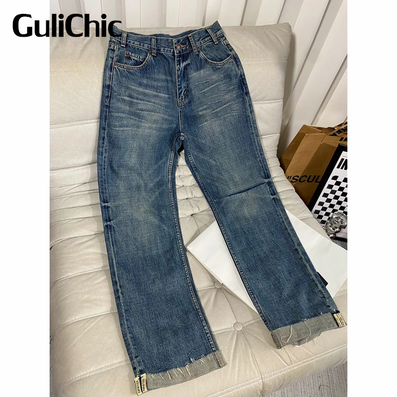 11.10 GuliChic Women Fashion Letter Print Roll-Up Hem Frayed Hole Design High Waist Straight Jeans