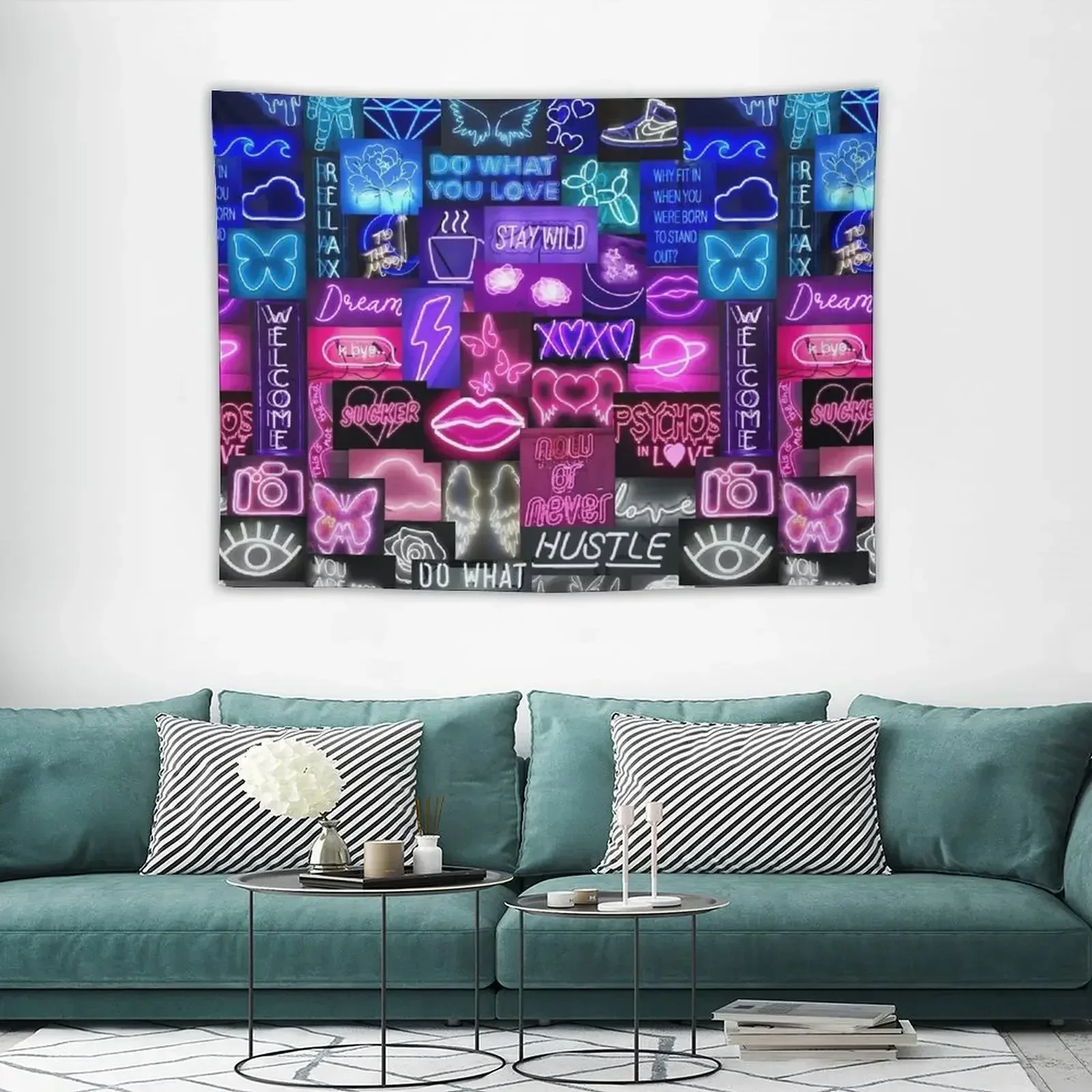 Гобелен с коллажем от синего до белого неонового цвета декор комнаты