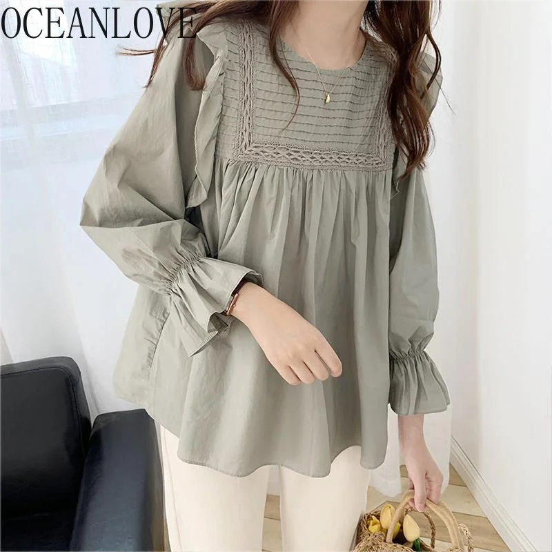 

Blusas Mujer Solid Korean ashion Sweet Spring Autumn Women Blouses lare Sleeve Vintage Elegant Basic Shirts