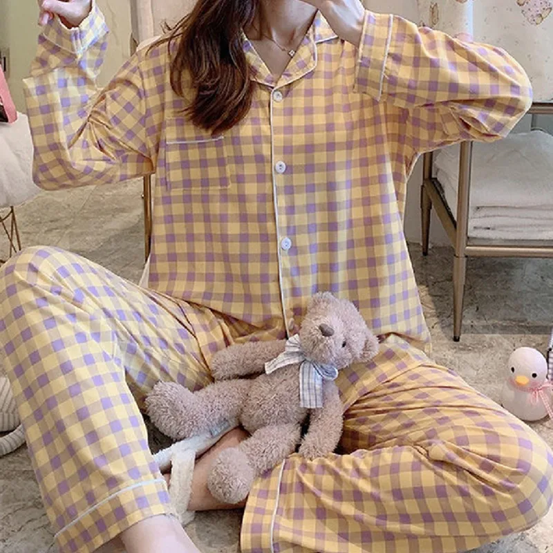 Dressing Gowns for Women New Style Ladies Long-sleeved Trousers Home Suit Autumn Spring Winter Plaid Japanese Korean Pajamas