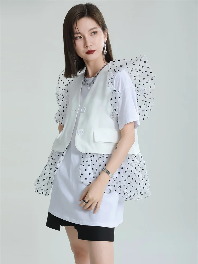 

Women White Brief Casual Mesh Ruffless T-shirt New Round Neck Short Sleeve Fashion Tide Spring Summer 2022 M139