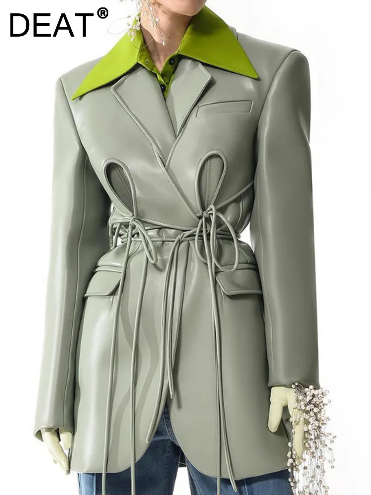 

DEAT Fashion Women's PU Leather Jackets Lapel Deconstruction Cross Lace Up Waist Long Sleeve Green Coat Autumn 2023 New CP1983
