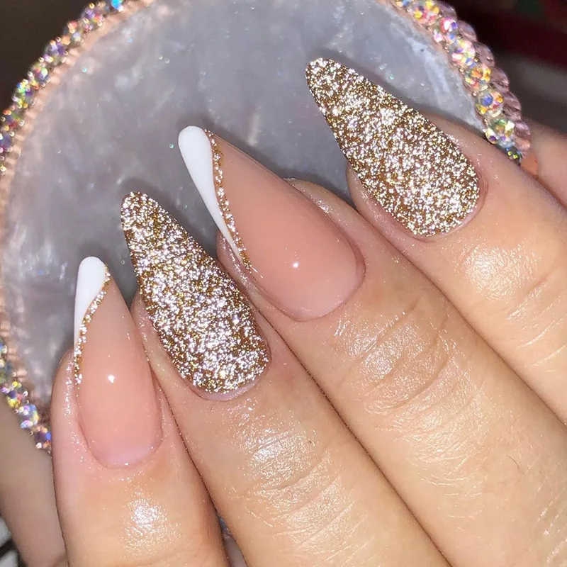 

24Pcs Press On Nails Detachable Pink Gold Glitter Pointed Stiletto Fake Nails Oval Head Wearable Nail Full Cover Nail Tips Decor