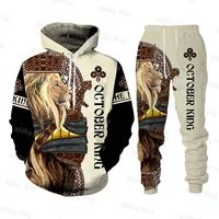 mens vintage hoodie set tiger lion print tracksuit male oversized fashion clothing with hat casual daily hooded streetwear