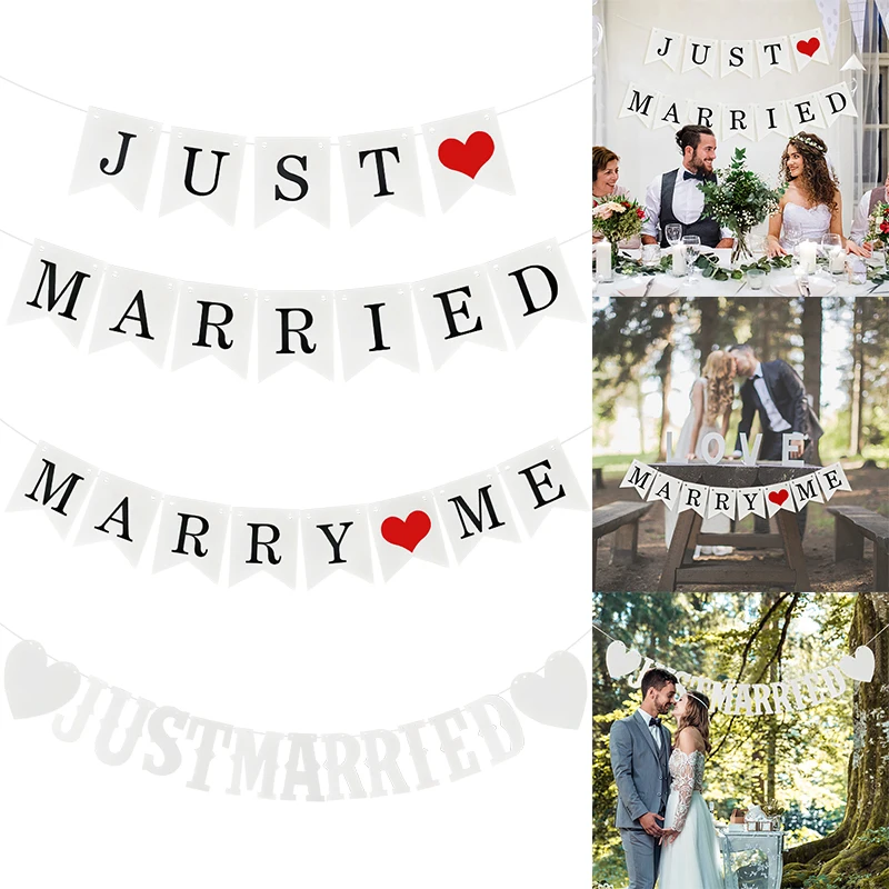 

1set Just Married Marry Me Wedding Banner Flag Paper Garland Bunting Photo Booth Prop Wedding Party Decorations Supplies