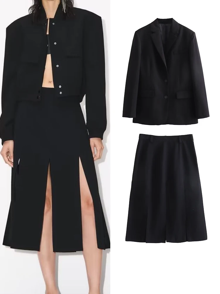 

TRAF Autumn New Women Blazer Skirt Set 2023 Elegant Office Lady Solid Lapel Long Sleeve Pocket Coat+High Waist Midi Skirt+Pant