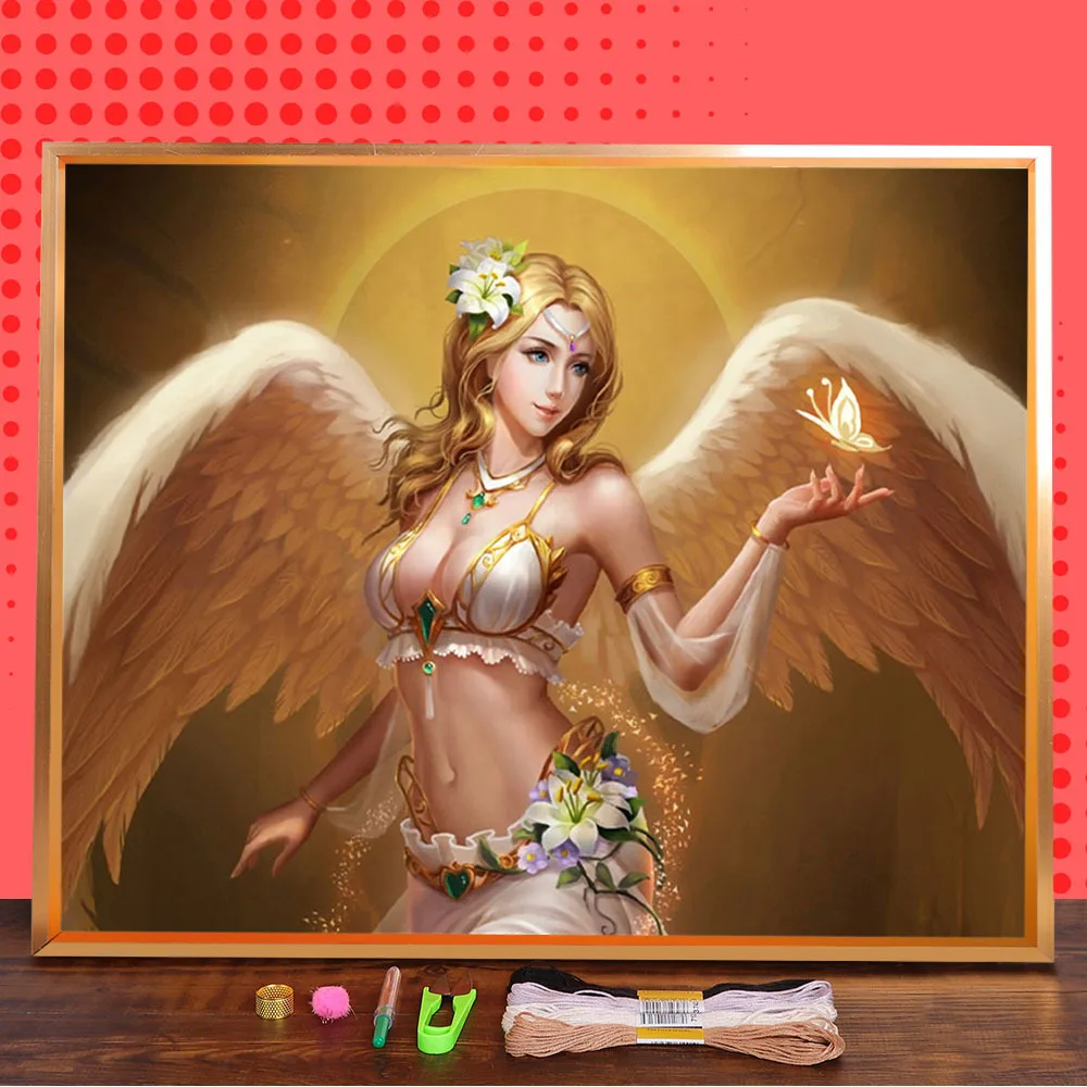 Angel Wings Fairy Girl Printed Water-Soluble Canvas 11CT Cross-Stitch Full Kit Embroidery DMC Threads Handiwork Craft     Gift